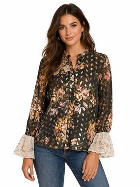 Kobi Halperin Ali Floral Metallic Blouse Small Lace Ruffle Sleeve Boho Chic